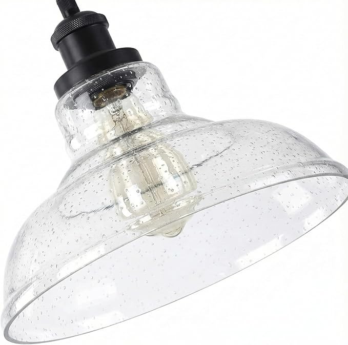 GLADFRESIT Industrial Pendant Lights, Vintage Hanging Light Over Table, Black Bubble Dome Glass Lampshade, Black Lamp Head and Base, Adjustable Hanging Height Lighting Fixtures.