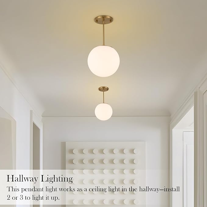 Milk Globe Pendant Light, Mid Century Modern Ceiling Hanging Lights Fixture with Height Adjustable, Brass Gold Pendant Lighting for Kitchen Island, Hallway, Dining Room, Living Room (1 Pack)