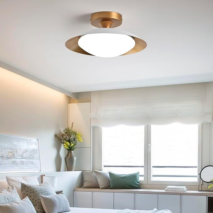 Dimmable Metal LED Flush Mount Ceiling Light, 5CCT 2700K-6000K White and Gold Close to Ceiling Lighting Fixtures, Mid Century Ceiling Lamp for Bedroom, Kitchen, Hallway, Laundry Room (11.8in)