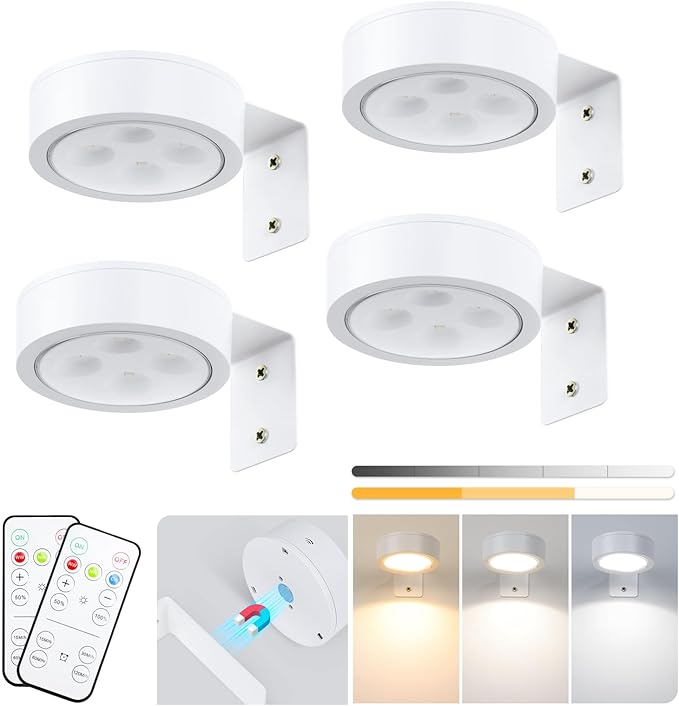 4-Pack Battery Picture Lights, Remote Painting Light for Art Disaplay,Magnetic LED Wall Picture Light, Dimmable & Timer, 3 Lighting Modes Art Display Light for Gallery Dartboard Frame Pictures, White