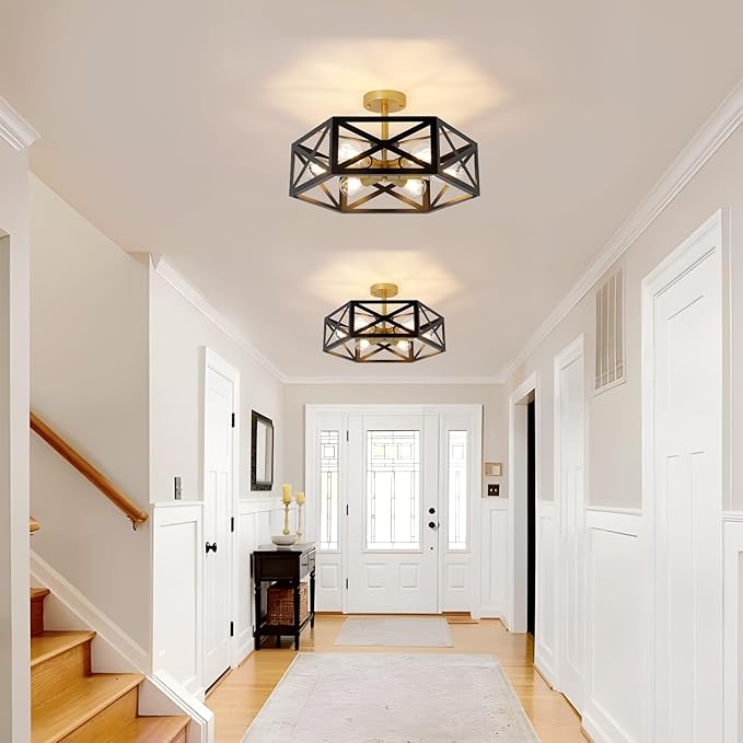 6-Light Semi Flush Mount Ceiling Light Fixture, 19.7" Gold Black Hallway Light Fixtures Ceiling Mount, Modern Close to Ceiling Lighting for Living Room Bedroom Dining Room Kitchen Entry Foyer