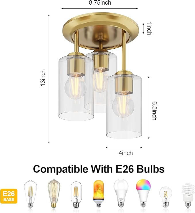 Kalium 3-Lights Semi Flush Mount Ceiling Light Fixture, Gold Light Fixtures, Ceiling Light for Kitchen, Foyer, Entryway, Farmhouse, Home Decor, Clear Glass Shade.