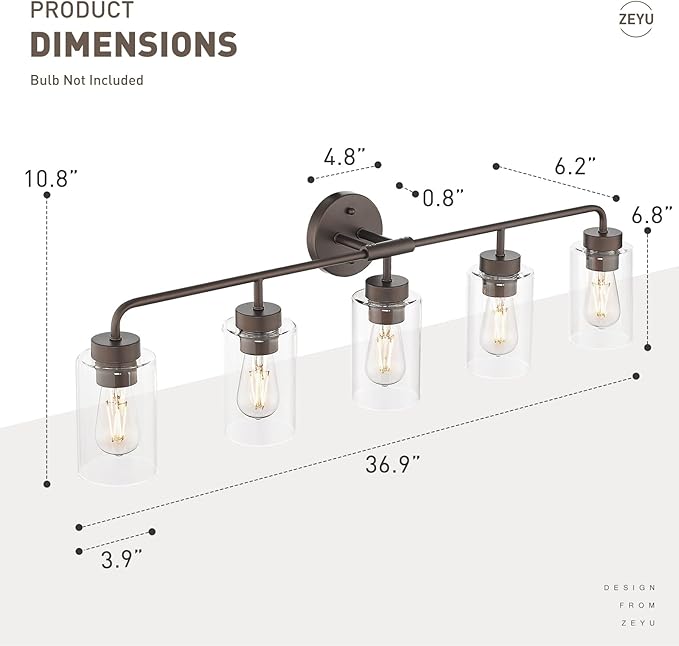 zeyu 36.9 Inch Bathroom Wall Light Fixtures, 5-Light Bathroom Vanity Light with Clear Glass Shade, Oil Rubbed Bronze Finish, ZS62B-5W ORB