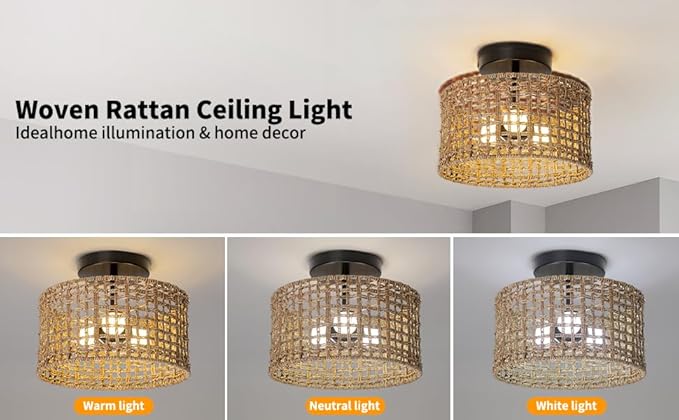 Bohemian Rattan Semi-Flush Ceiling Light, 12-inch 3-Light Handwoven Pendant with Natural Fiber Shade, Vintage Farmhouse E26 Fixture for Bedroom Kitchen Entryway (Retro Design, LED Bulb Compatible)