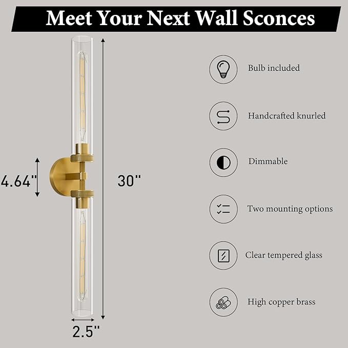 Knurled Brass Tube Wall Sconce - Set of 2 Luxury Modern Dimmable Sconces with Bulbs - Gold Glass Vanity Light Fixture - Vertical or Horizontal Mounted Indoor Lighting for Bathroom Bedroom Living Room