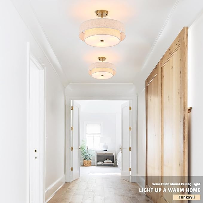 Semi Flush Mount Ceiling Light, 18" Gold Drum Ceiling Light Fixture, 3-Light with 2-Tier Beige Linen Fabric Shade, Modern Farmhouse Close to Ceiling Light for Bedroom, Kitchen, Hallway