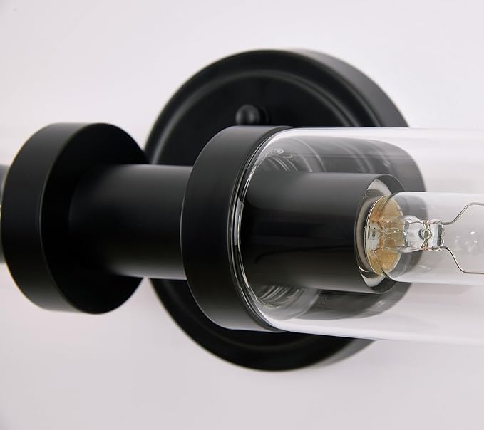 SANTOSTOCK Black Sconces Wall Lighting, Bathroom 2-Light Vanity Light W/Clear Glass Shade, Modern Wall Mounted Lights for Mirror, Makeup Vanity, Kitchen, Washroom, Hallway, E26 T10 Bulbs(Excluded)