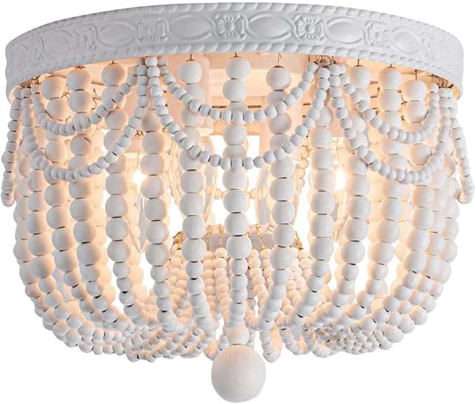 4-Lights Bohemian Flush Mount Ceiling Light Wood Beaded Mini Chandelier Farmhouse Ceiling Lighting Fixtures for Bedroom Dining Room Foyer Kitchen Hallway Nursery Room Walk in Closet, White