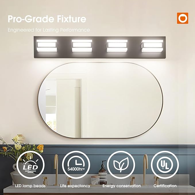 Amico 4-Light LED Bathroom Vanity Light Fixture,Dimmable 5CCT Modern Bathroom Lighting Fixtures Over Mirror, 360° Rotate Acrylic Matte Black Light Fixtures-UL Certificated