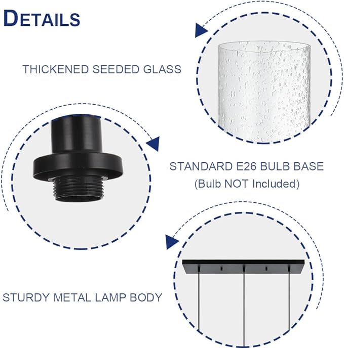 TODOLUZ Pendant Light Fixtures, 3-Lights Adjustable Modern Hanging Light with Seeded Glass, Kitchen Island Lighting for Over Table Dining Room