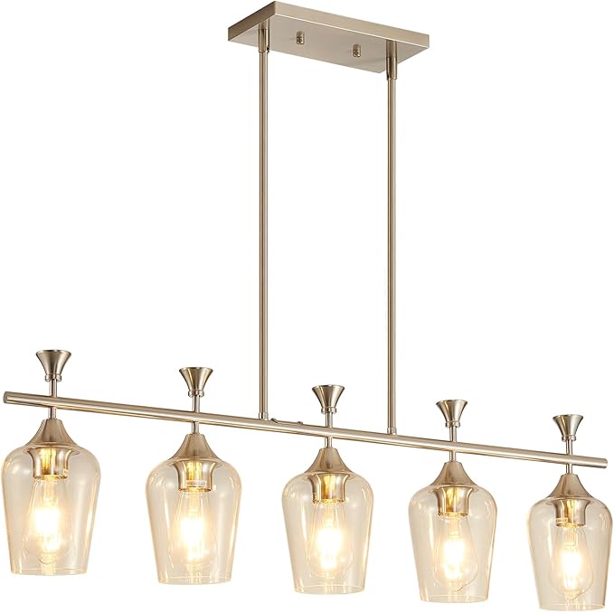 37" Dining Room Light Fixture/Chandelier Over Table, 5-Light Brushed Nickel Kitchen Island Lighting with Clear Glass Shade, Modern Hanging Pendant Lights Fixture for Kitchen Island, Dining Room, Bar
