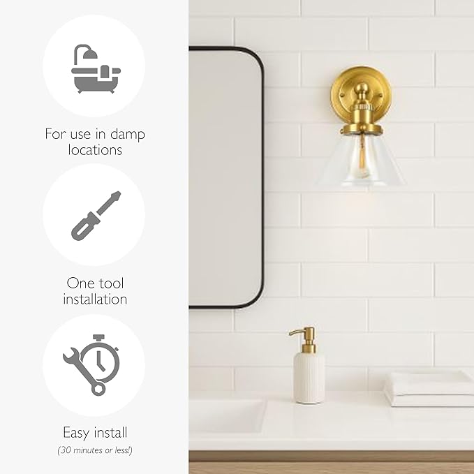 Design House Augustin Wall Sconce, 1-Light, Seeded Glass Warm Glow, Dimmable, Up/Down Glow, Easy Installation, E26 Socket, Satin Gold, 7.9 in L x 8.5 in D x 11.1 in H, 589028-SG