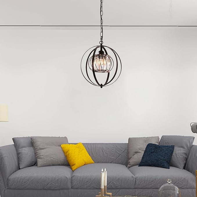 FRIXCHUR Black Crystal Pendant Light, Adjustable Hanging Light Fixture with Pumpkin-Shaped Crystal Shade, E26 Base Metal Lantern Pendant Ceiling Light for Kitchen Island, Dining Room, Entryway, Foyer