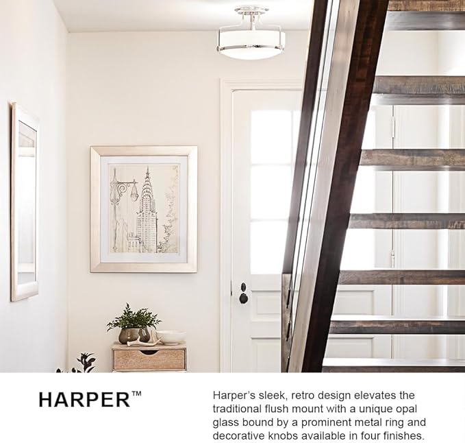 Hinkley Harper Medium Semi-Flush Mount Ceiling Light for Kitchen, Bedroom, Bathroom, and Hallway, Sleek, Retro Style Heritage Brass and Etched Opal Glass