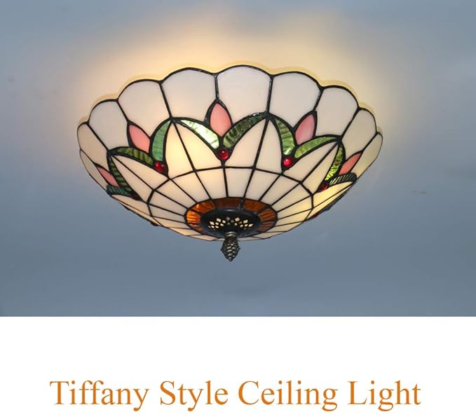 Tiffany Style Ceiling Light Vintage Stained Glass Flush Mount Ceiling Lighting Fixtures Lamps (12 Inch W)