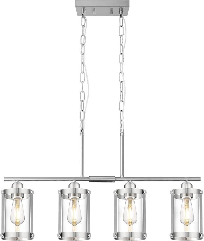 4-Light Kitchen Island Lighting, Brushed Nickel Linear Dining Room Light Fixtures with Clear Glass, Modern Industrial Chandelier Pendant Light for Kitchen Island Dining Room, OS-3014-4ISBN