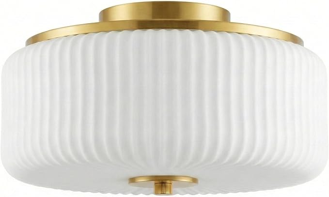 3-Light Gold Flush Mount Ceiling Light, 11.8" Modern Schoolhouse Light Fixtures Ceiling Mount with Ribbed Opal White Glass Shade, Anti-Glare Close to Ceiling Lamp for Bedroom Kitchen Hallway Entryway