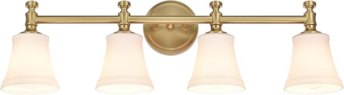 Bathroom Vanity Light Fixtures, Traditional Aged Brass 4 Lights Wall Sconce Lighting with Opal Glass Shade, Porch Wall Mount Light Fixture for Bathroom, Mirror Cabinets Hallway Stairs