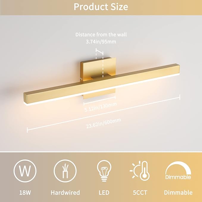 Joossnwell Gold Vanity Lights for Bathroom 24 Inch Dimmable 5CCT Modern Bath Vanity Lighting Fixtures Over Mirror LED Bathroom Wall Sconces Light 18W