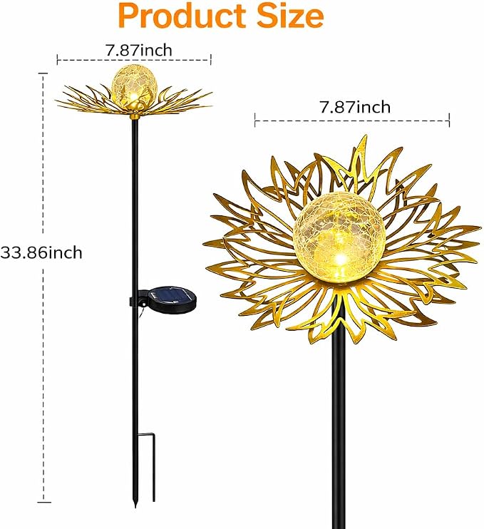 Solar Garden Lights Outdoor Decor, Metal Flower Stake Light with Warm White Crackle Glass Globe, Waterproof Decorative Solar Yard Art for Patio Lawn Backyard Pathway, Gardening Gift(Gold)