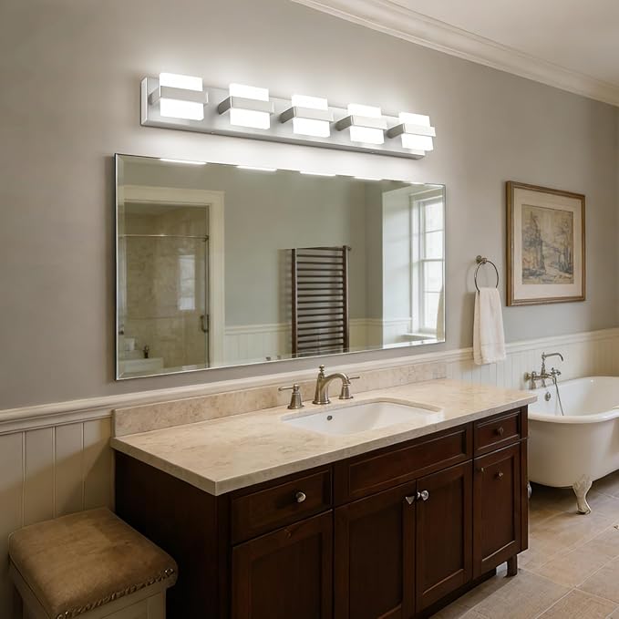 SOLFART 5-Light Bathroom Vanity Lights Over Mirror,Brushed-Nickel LED Modern Vanity Lights for Bathroom, Dimmable