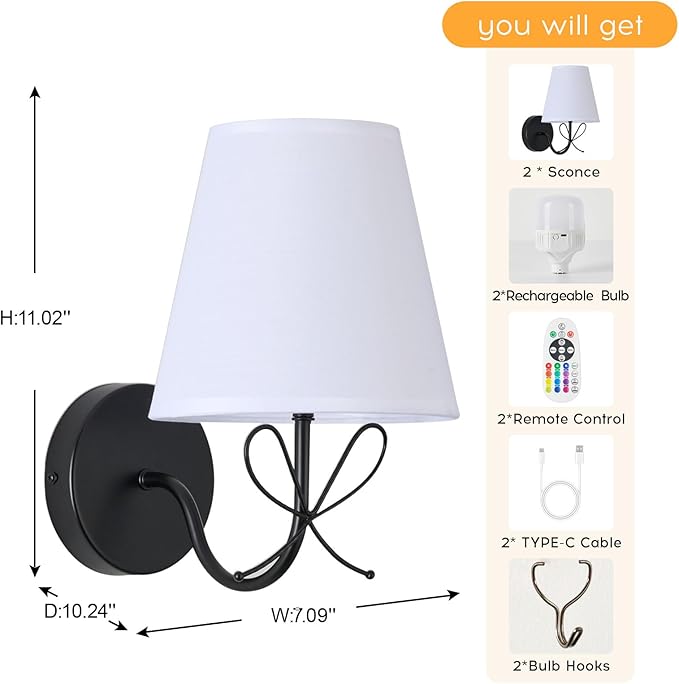 PASSICA DECOR Bow Lamp Battery Operated Wall Sconces Set of 2, Rechargeable Dimmable LED Lights with 15 Colors, Timer, Remote Control, Bow Sconce for Girls Rooms, Bedroom Living Room