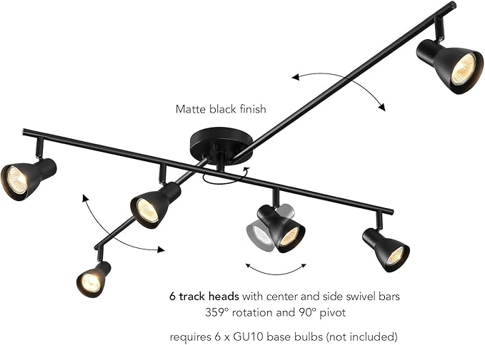 GLOBE Electric 64000168 51" 6-Light Adjustable Track Lighting, Matte Black, Center Swivel Bar, Moveable Outer Bars, Pivoting Track Heads, Ceiling Light, Home Improvement