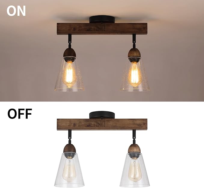 2-Light Rustic Farmhouse Glass Track Flush Mount Ceiling Light Fixture Mini Clear Seeded Glass Shade and Oak Wood Semi Flush Mount Ceiling Light for Kitchen Bedroom Hallway Entryway Sink