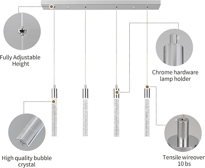 Kitchen Island Lighting Modern Light Fixture Chrome Pendant Light Dimmable LED Chrome Finish Mini Crystal Pendant Lights for Dining Room Living Room(4-Light)