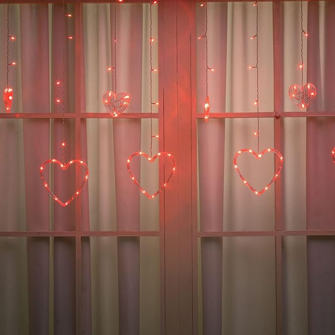 Efunly Valentines Day Decor Lights,138 LED 12-Heart-Shaped String Lights Waterproof,8 Modes Connetable 29V Plug in Curtain Lights for Kids Bedroom Wedding Party Valentines Day Decoration (Red)