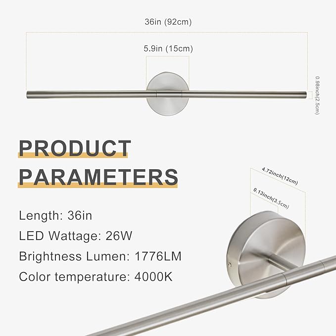 Brushed Nickel Bathroom Light Fixtures Over Mirror 36 Inch, 26W 360° Rotatable Dimmable 4000K LED Vanity Light Bar, Modern Bathroom Vanity Lights Above Mirror