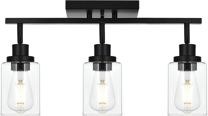3-Light Track Lighting Kit Black Track Lighting Fixtures Bathroom Wall Sconces Ceiling Mount Kitchen Tracking Lights, Rotatable Spotlight with Clear Glass Shade for Kitchen Shop Hallway