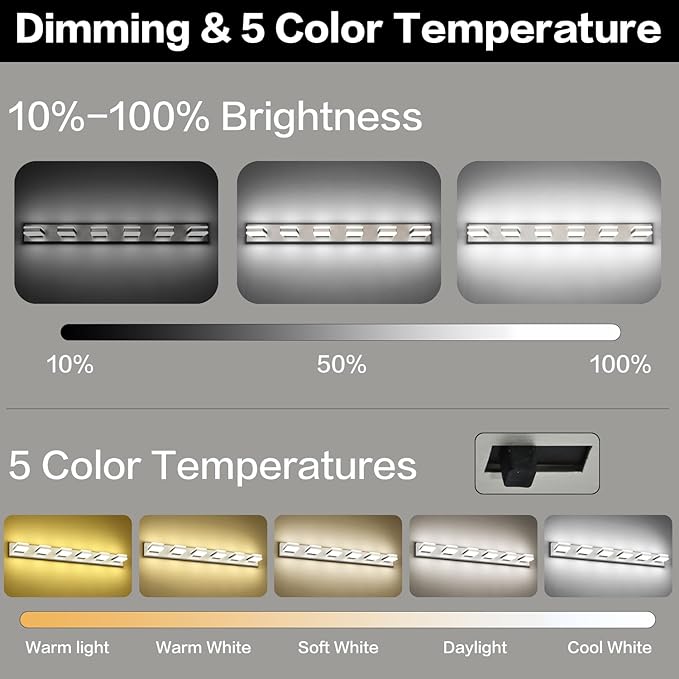 PRESDE 6-Light LED BathroomVanity Light Brushed Nickel Bathroom Light Fixtures Over Mirror Modern Bath Wall Lighting Dimmable 5CCT