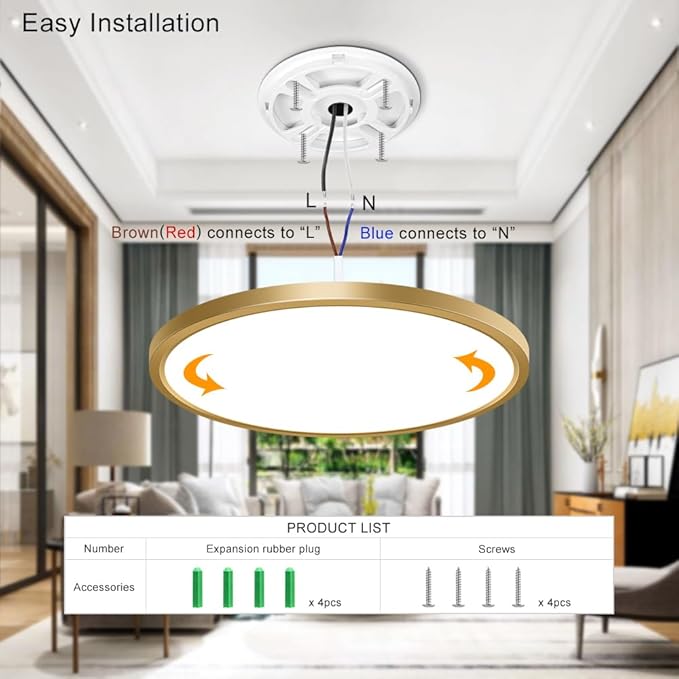 12 Inch Gold LED Ceiling Light, 5000K Daylight White, 24W Gold Flush Mount Ceiling Light, 3200LM Round Low Profile Ceiling Lights for Bedroom Kitchen Hallway Entryway