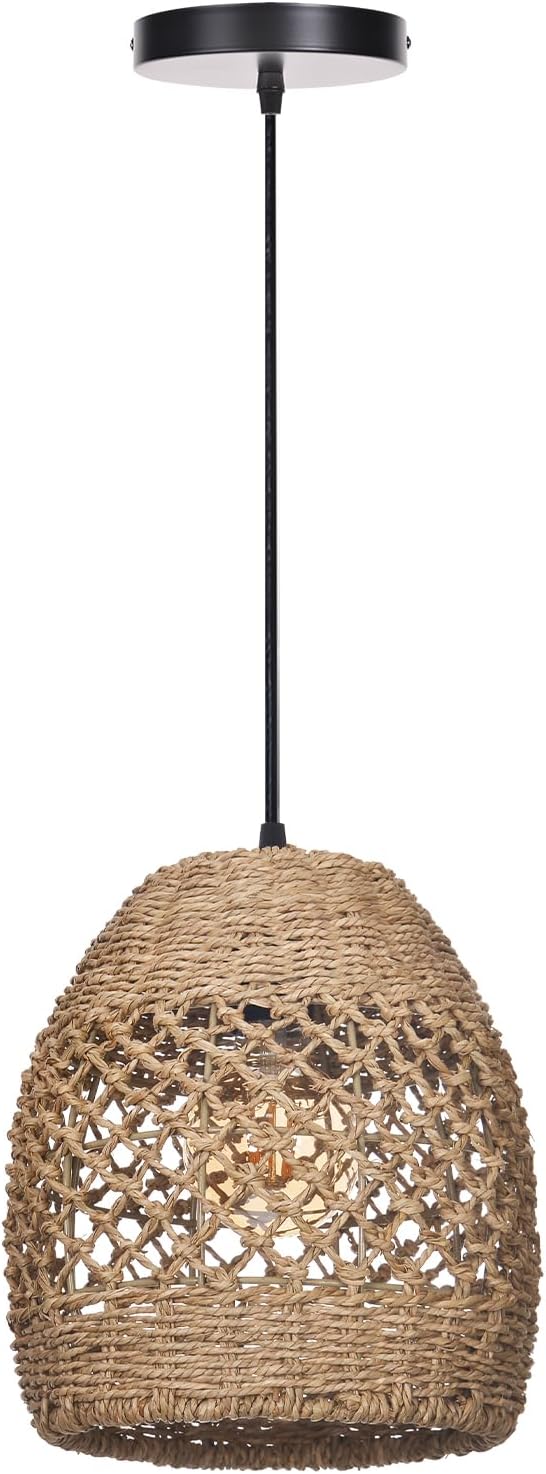 9.8" Boho Rattan Chandelier Light Fixture, 1-Light Hand Woven Wicker Small Pendant Lights Kitchen Island Farmhouse Rustic Hanging Lamp for Dining Room, Bedroom, Living Room, Entryway, Foyer