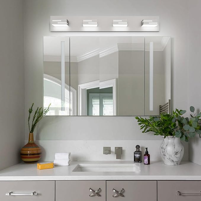 LED Modern Bathroom Vanity Light Fixtures, 4-Light 28-inch Dimmable Brushed Nickel Vanity Lights for Bathroom Lighting Fixtures Over Mirror, with 360° Rotatable Acrylic Heads (Cool White 6000K)