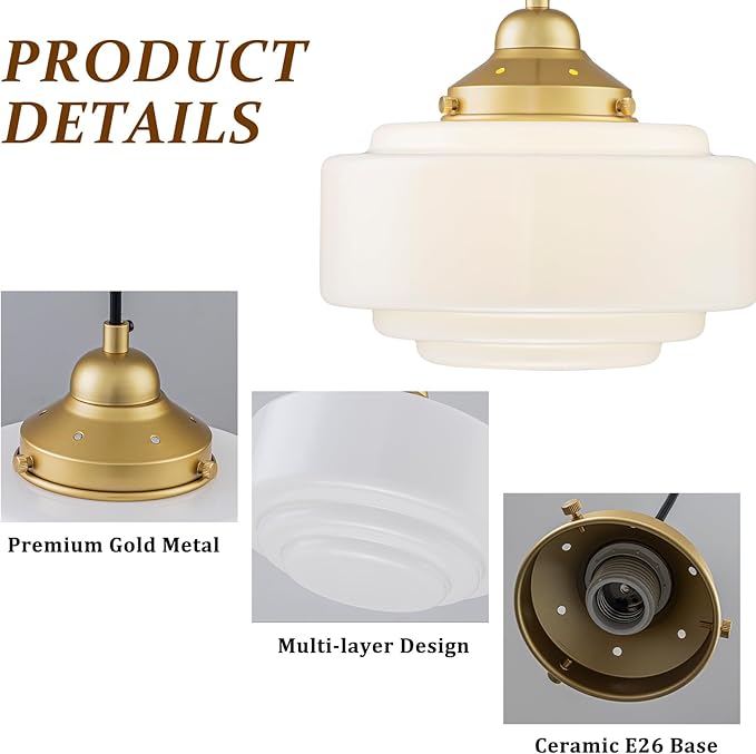 Milk Glass Pendant Light 9.84" Vintage Schoolhouse Chandelier Gold Mid Century Modern Pendant Lighting Fixture for Kitchen Island Dining Room Living Room Hallway, Adjustable Height (E26)