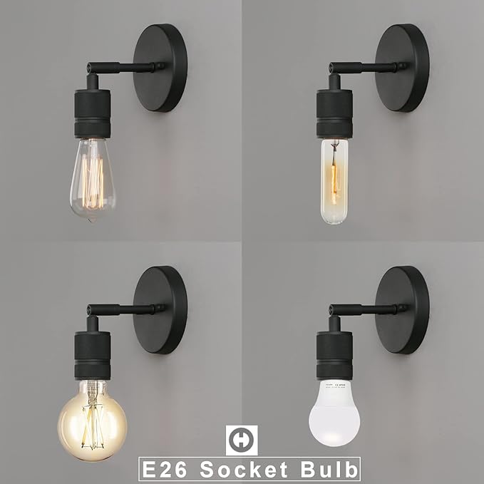 Phansthy 2 Pack Vintage Single Sconce Light Matte Black Simple Industrial Bathroom Wall Sconces, Set of 2 Wall Mount Lighting Fixture (Color: Black)