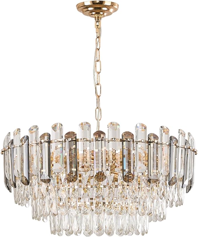 Gold Crystal Chandelier 24" 12-Light 4-Tier K9 Crystal Round Adjustable Pendant Light Modern Crystal Chandeliers for Dining Room Living Room Kitchen Island Bedroom Foyer Entryway