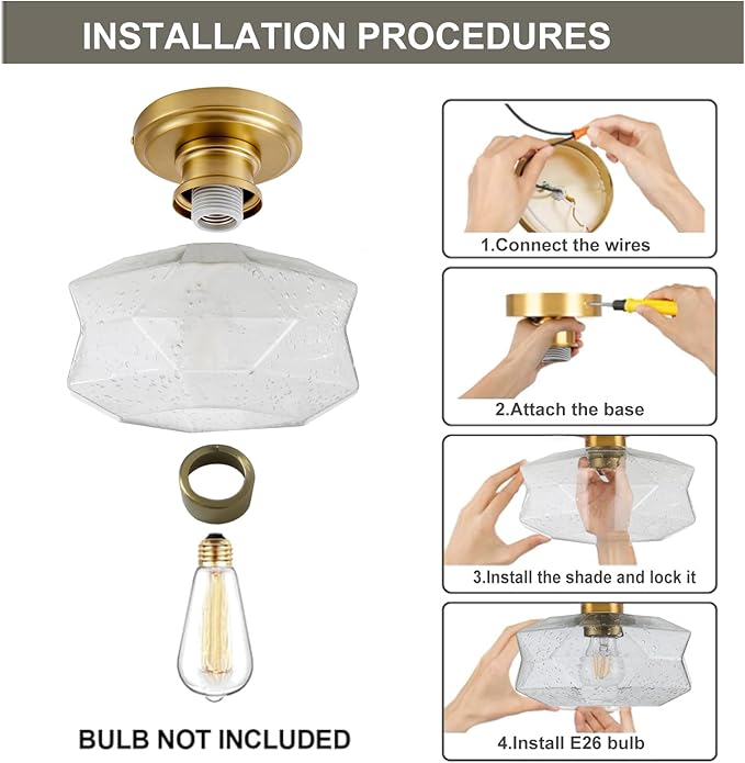 Industrial Semi Flush Mount Ceiling Light, 9 inch Vintage Farmhouse Light Fixture with Seeded Glass Shade, Brushed Brass Canopy for Kitchen, Bathroom, Hallway, Corridor, Passway, Bedroom