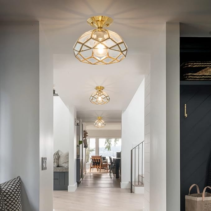 Brass Glass Semi Flush Mount Ceiling Light 1-Light Hallway Ceiling Light Vintage Gold Close to Ceiling Light Fixture for Foyer,Entryway,Kitchen,Bathroom,11.42in