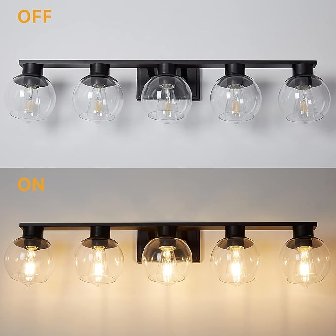 5-Lights Black Bathroom Vanity Lights, Modern Bathroom Lighting Fixtures with Globe Glass Shade, 37in Matte Black Wall lamp for Bath Over Mirror Kitchen Cabinet Bedroom Hallway Living Room Farmhouse