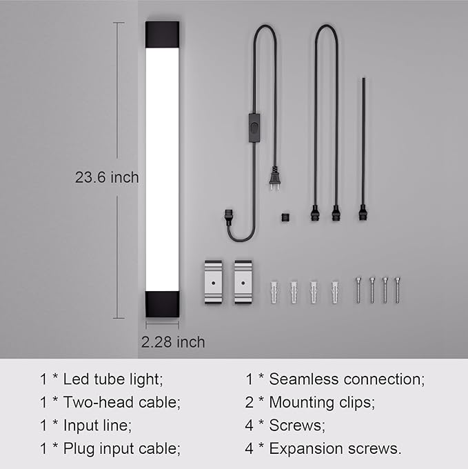 Plug in Light Fixture 2FT Linkable 5000K Under Cabinet Lighting, LED Tube Light Fixture with Plug, Triproof Ceiling Wall Light for Closet Workbench Kitchen Basement Garage