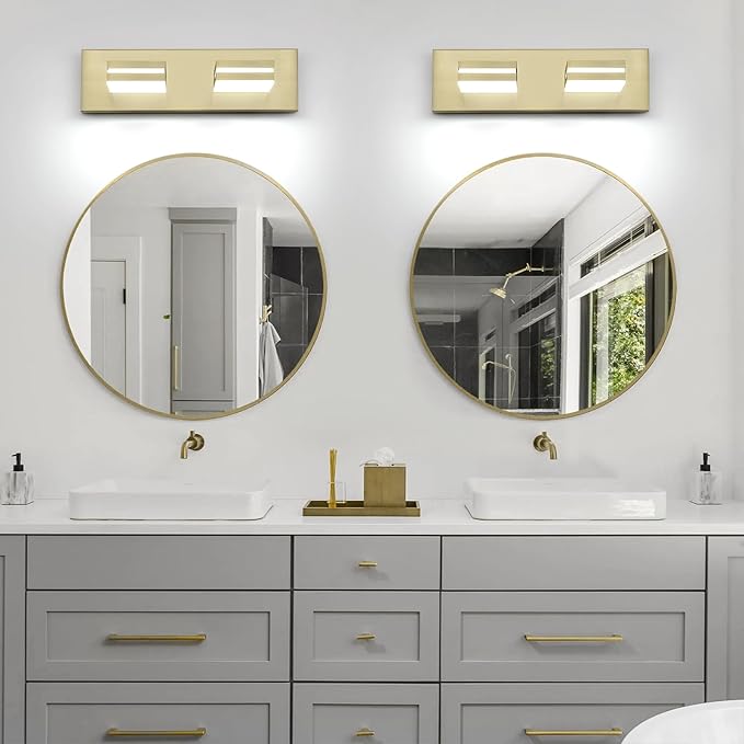 OKELI 2 Light Bathroom Vanity Light Gold Modern 16W LED Dimmable Vanity Light Over Mirror 350° Adjustable Lamp Head Cold White 6000K ETL Listed 15.5Inch