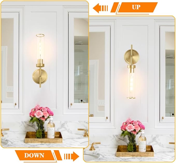 Gold Bathroom Wall Sconces Set of 2, Modern Wall Sconces Set of Two Hardwired, Bathroom Vanity Light Fixtures with Clear Glass, Gold Wall Mounted Lights for Living Room Corridor Mirror Bedroom Stairs