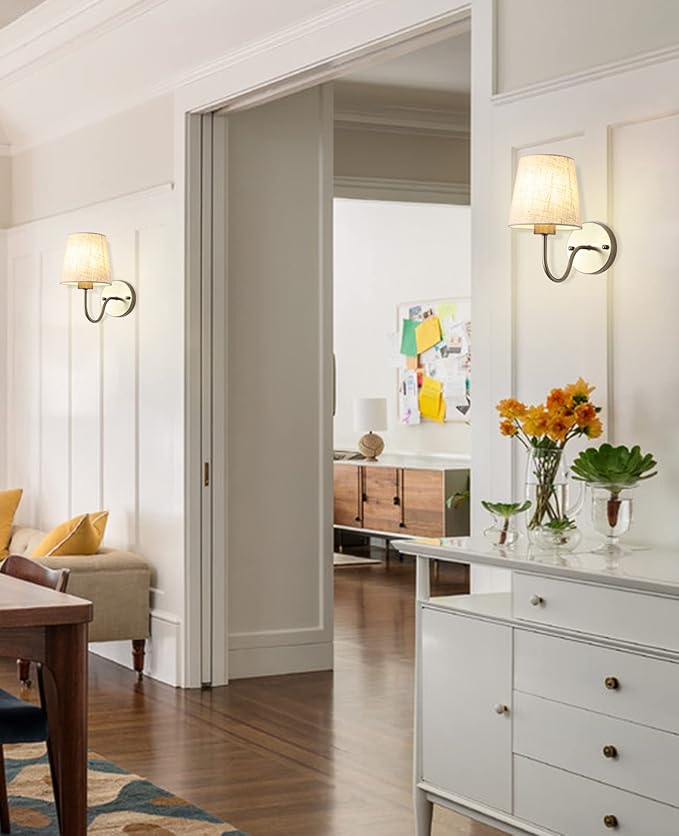 LASENCHOO Gold Wall Sconces Set of Two, Modern Sconces Wall Lighting Vintage Wall Light Fixtures with Fabric Lampshade, Bedside Wall Lamps for Bedroom Living Room Hallway Entryway