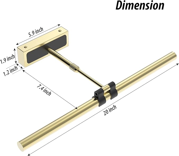 Brass Picture Light for Wall - 21inch Dimmable & Rechargeable Art Light with Single Swing Arm, 25H Light Time, Angle Adjustable, 3 Color Temperatures Timer - Perfect for Paintings and Home Decor