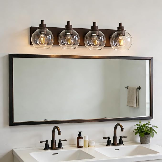 IZORRO Bathroom Light Fixtures, 4 Light Oil Rubbed Bronze Vanity Light, Modern Wall Sconces with Globe Clear Glass Shade, Vanity Lighting Fixtures Over Mirror,E26 Bulb Socket