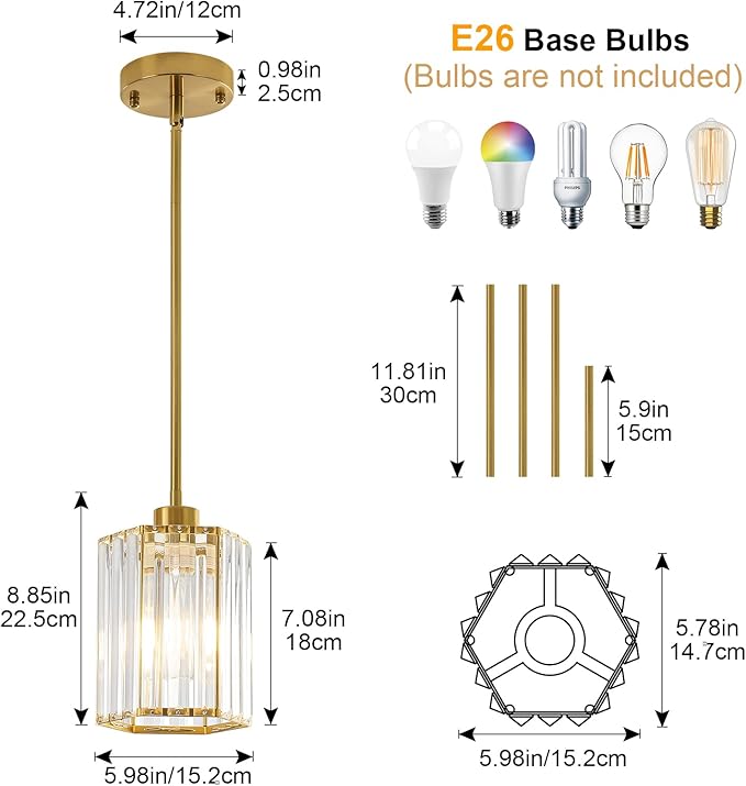 Gold Pendant Light Kitchen Island, Modern Crystal Kitchen Island Lighting, 1-Light Hexagonal Kitchen Hanging Lights for Island, Dining Room, Hallway, Foyer, Entryways