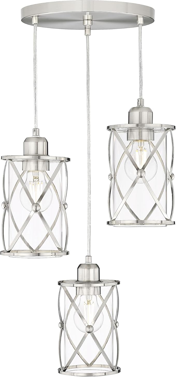 Brushed Nickel Dining Room Chandelier Light Fixture, 3-Light Pendant Lighting with Clear Glass, Modern Kitchen Island Cluster Hanging Pendant Lights for Sink, CH9176BN3